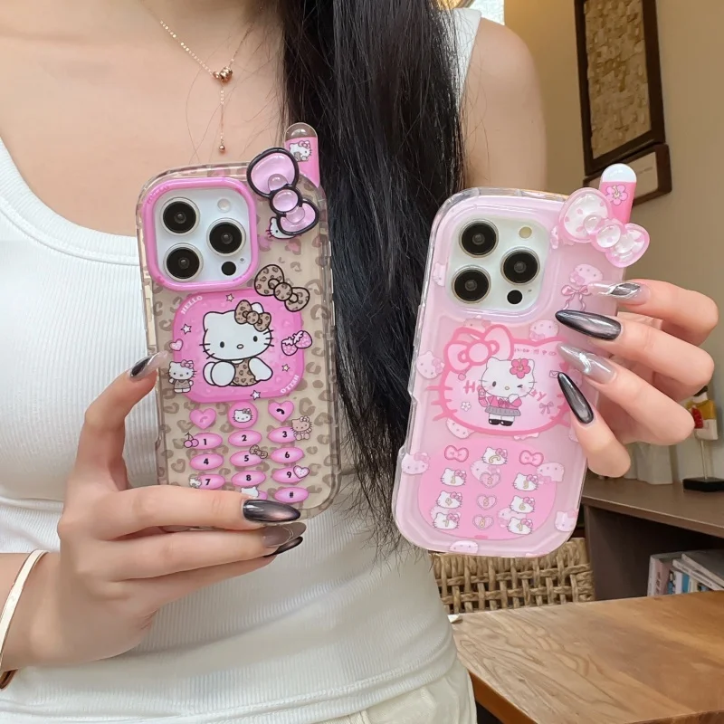 

Cute Cartoon Hello Kitty Cat Luxury leopard print Mobile phone Case For iPhone 13 14 15 16 Pro Max sweet Pink Kitty Back Cover