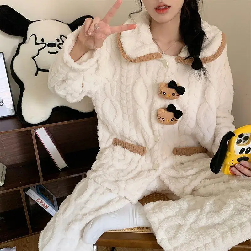 Sanrio hello kitty coral velo pijamas para mulheres bonito dos desenhos animados flanela grossa quente manga comprida casa terno conjunto outono inverno