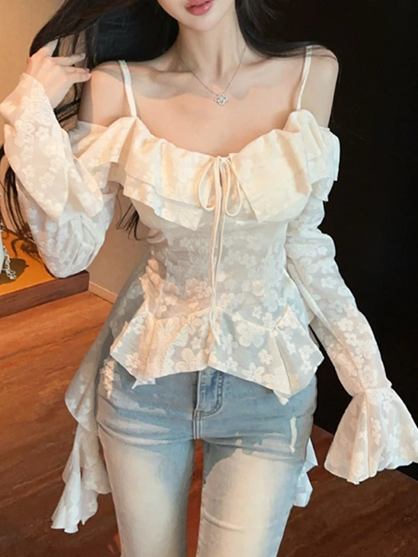 Hot Girl Long Sleeve Embroidered Floral Print Shirt Women Spring Autumn Shoulder Bared Bell Sleeve High Waist Casual Top
