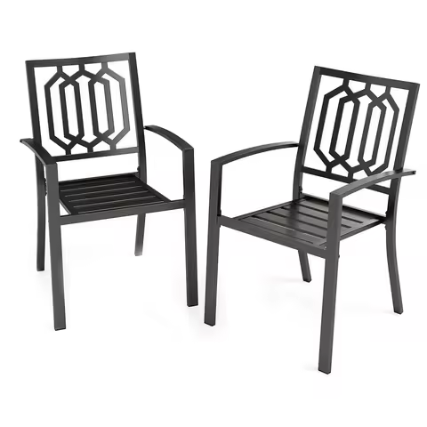 Set of 2 Stackable Wrought Iron Patio Dining Chairs, Portable Black Outdoor Bistro Deck Metal Chairs, Support 300 lbs, Ideal for
