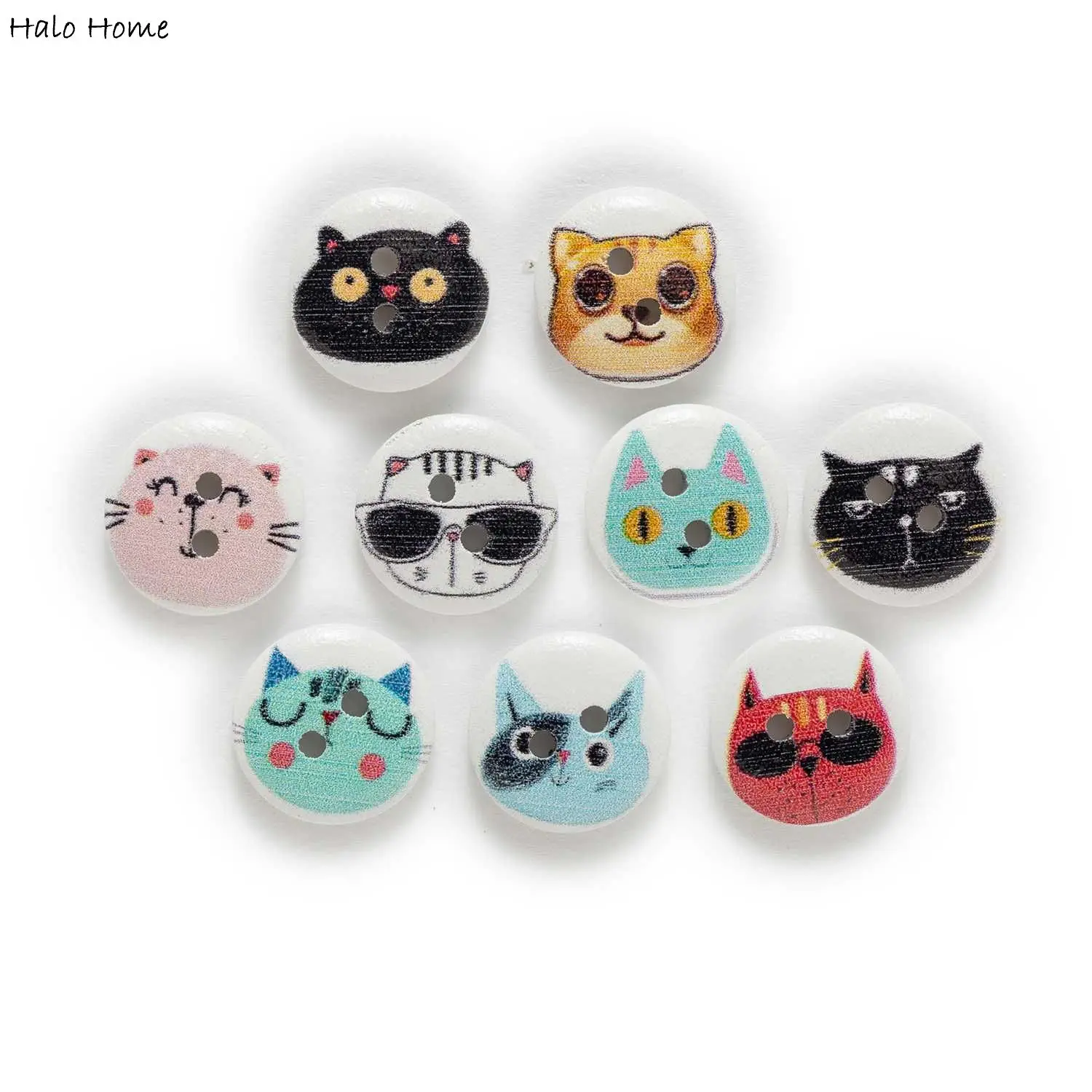 4 Style 15mm 50pcs Mixed Cat Theme Richly Colorful Round Wood Buttons Sewing Scrapbooking Clothing Crafts Handwork Accessories