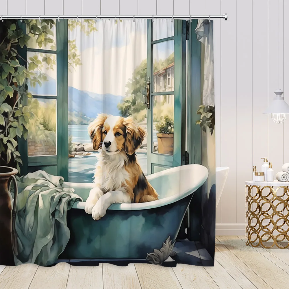 Wild Animal Shower Curtain Dog Glacier Penguin Highland Cattle Cedar Winter Forest Landscape Bath Curtains Fabric Bathroom Decor