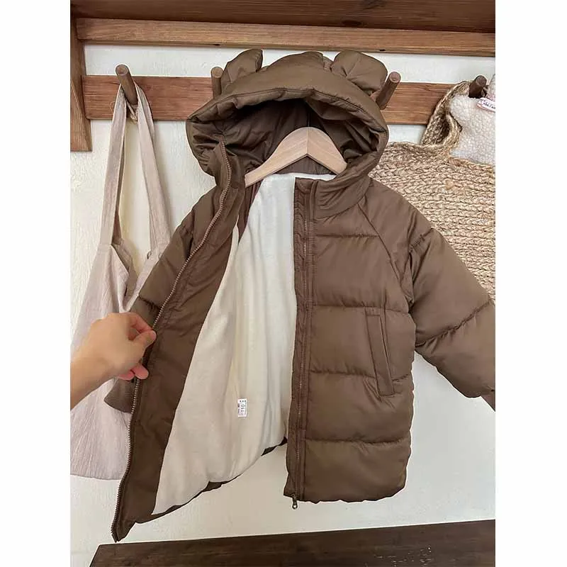 2024 Girls Winter Coat Boys Padded Thickened Warm Long Outerwear Children Solid Color Hooded New Clothes Jacket 2-8 Years Old