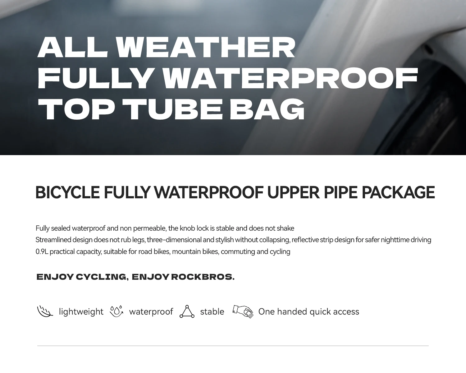 ROCKBROS Vollständig Wasserdichte Oberrohr-Tasche 0,9L Fassungsvermögen MTB Rennrad-Rahmentasche Versiegelte Reißverschluss-Rahmentasche mit Stabilem Befestigungszubehör – Detail 2