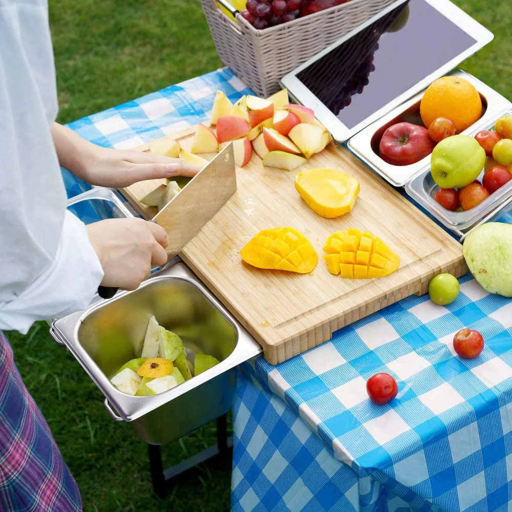 Bamboo Cutting Board Heavy-Duty Wear Resistance Chopping Board with Slide Out Drawer Tray Eco-Friendly Cutting Board for Kitchen