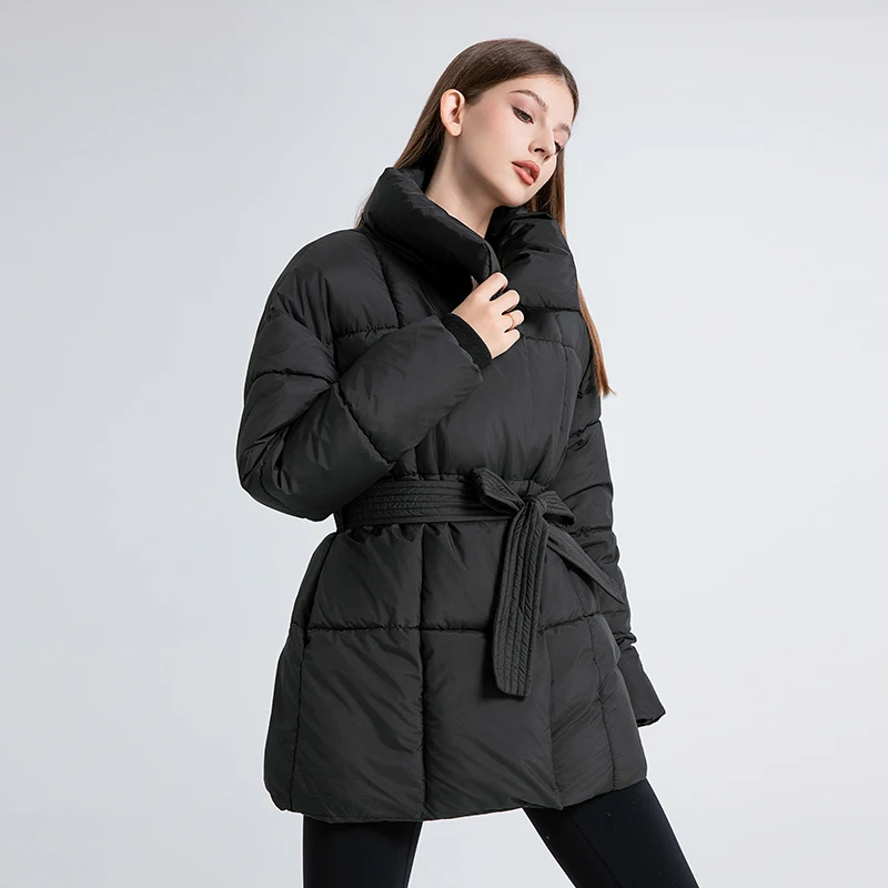 Jaqueta de puffer de inverno feminina com gola estande com cintos, Parka acolchoada de algodão sólido, casaco bolha super quente, novos saldos, moda, 2024