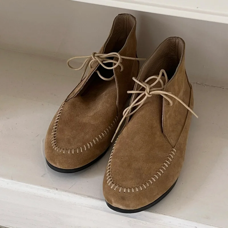 

Retro Lace Up Suede Ankle Boots Brown Round Toe Flats Casual Soft Leather Comfort Versatile Women Shoes