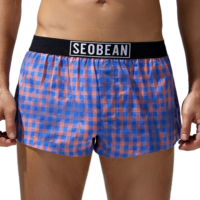 SEOBEAN 남성 속옷 홈 팬츠 코튼 편안한 체크무늬 로우 웨이스트 라운지 통기성 복서 팬츠 알로하 팬츠 240505 510086