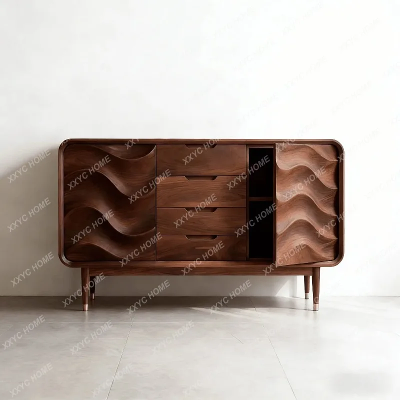 XX 2026 New Chinese Black Walnut Solid Wood Wavy Sideboard Custom Entryway Storage Drawer Cabinet