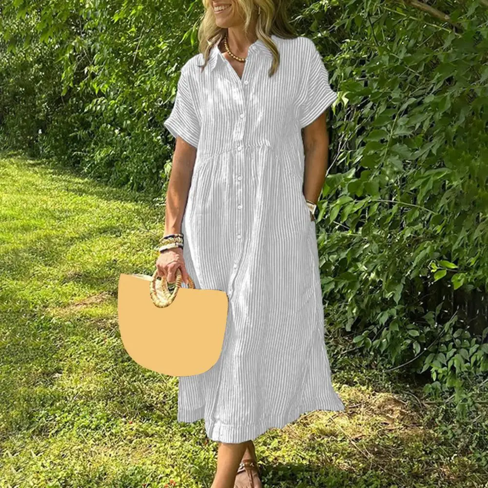 2023 frühling Frau Einreiher Strand Kleid Elegante Revers Neck Shirt Kleid Neue Sommer Beiläufige Lose Urlaub Kleid