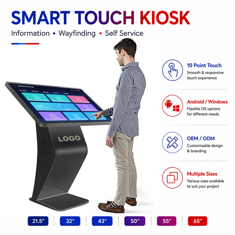 4K UHD 32" 43" 49" 55" 65" Window OS Android Wifi PC Touch Screen Monitor Kiosk Information Inquiry Wayfinding Display For Mall