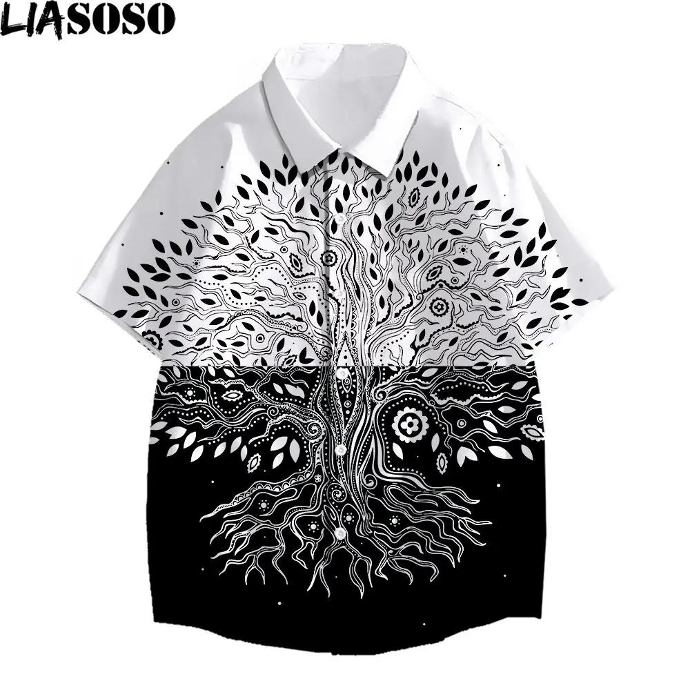 LIASOSO 3D Printing Men's Women's Hawaiian Shirts Plants Trees Natural Black and White Art Creative Beach Simple Style Shirt Top