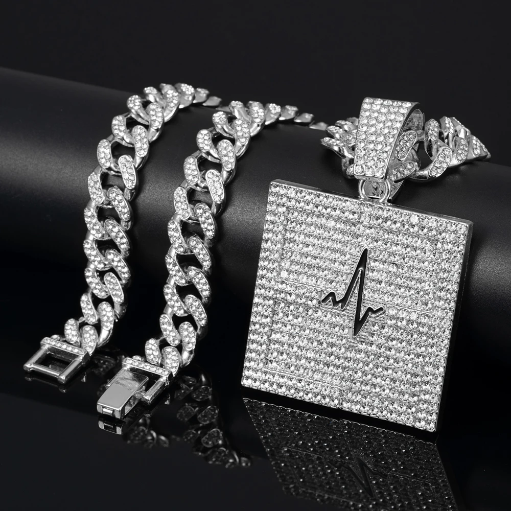 Hip Hop Electrocardiogram Lifeline Geometric Pendant Necklace With 13mm Box Buckle Cuban Chain Necklaces Fashion Jewelry For Men