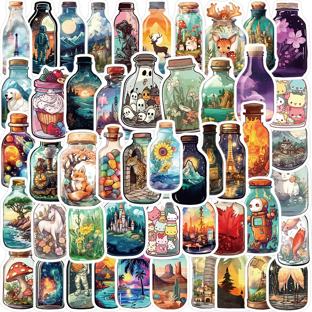 

50PCS INS Style Bottle World Cartoon Stickers Aesthetic Luggage Skateboard DIY Graffiti Girl Gradient Cute Sticker Kid Toy