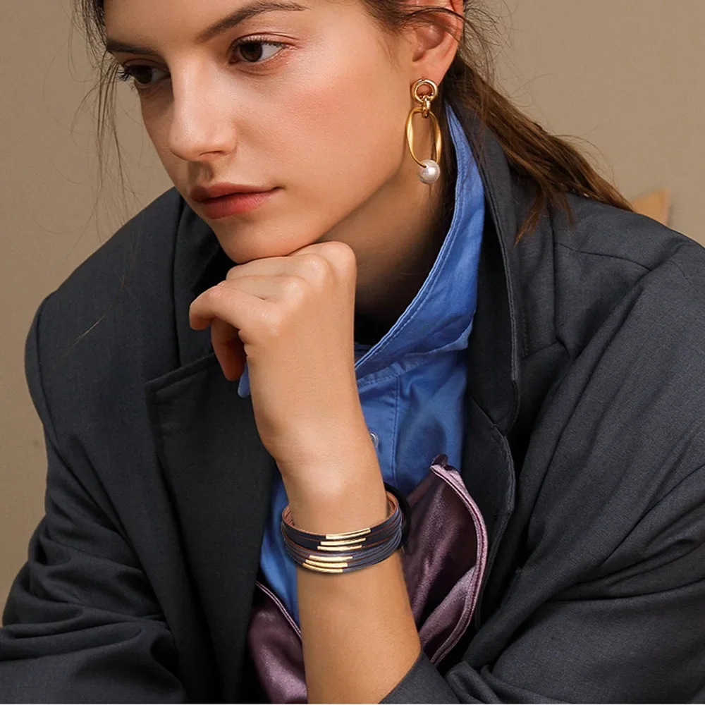 Charmsmic Multilayer PU Leather Bracelets Female Girls Tiny Golden Color New Design Women Armband Hand Jewelry Accessories