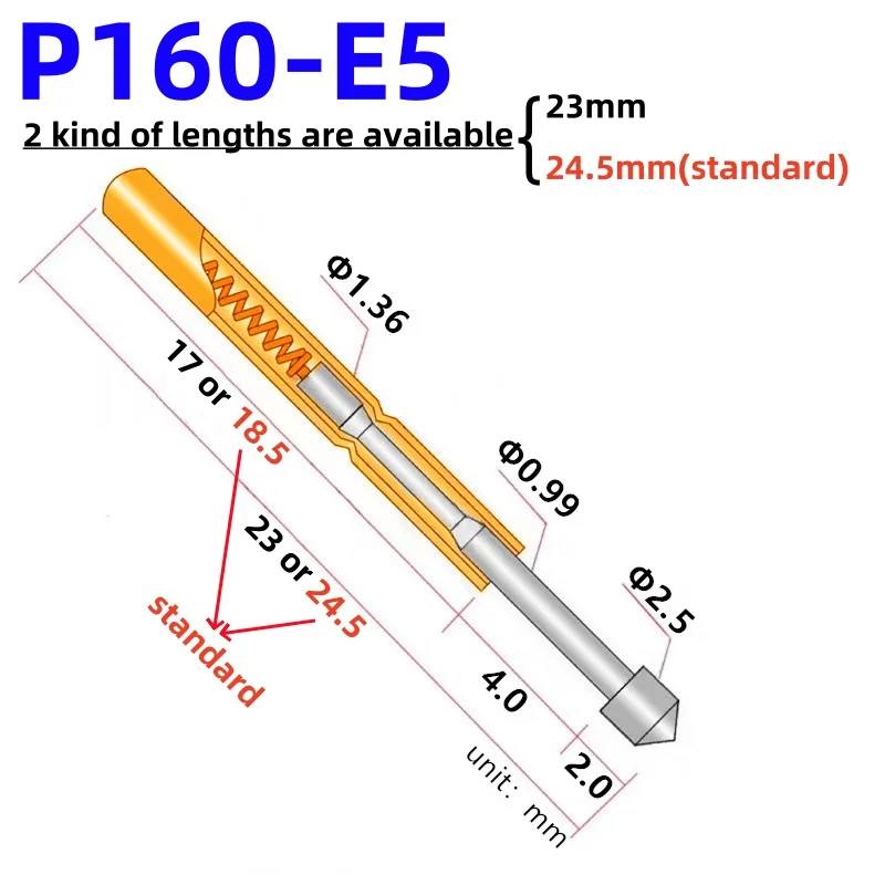 

100PCS Spring Test Probe P160-E5 Test Pin P160-E Brass Test Pin Pogo Pin Sleeve 23 or 24.5mm Pin Head Dia 2.5mm For Test Tool