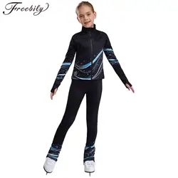 Kids Girls Fleece Figure Skating Jacket and Pants Set Warm Zip Up Jacket and Fleece Leggings Pants Training Dancing Outfits