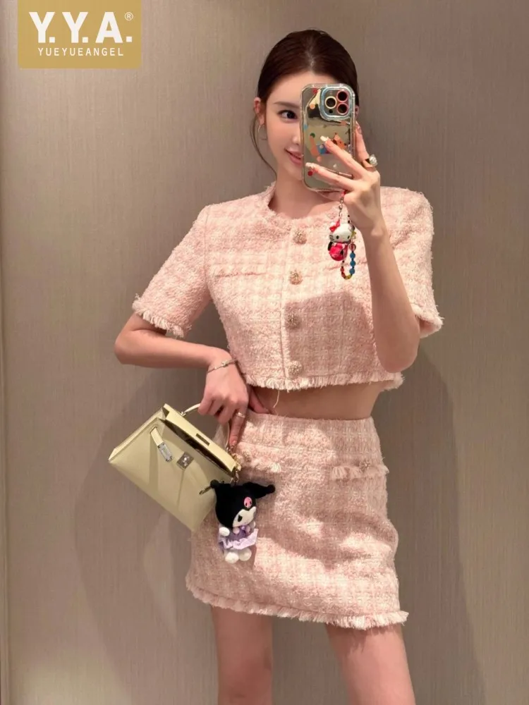 Hot Sale Womens Sweet Style Pink Tweed Outfits Tassels Slim Fit Chic Two Piece Set Fashion Show Mini Skirt Matching Sets 2025