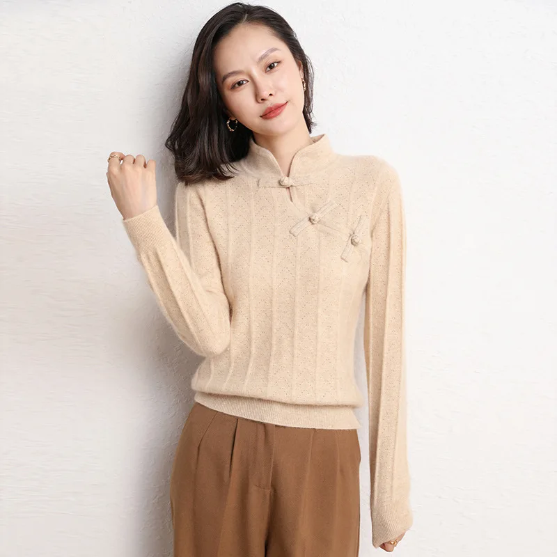 BirdTree, 95% Cashmere Elegant Buttoned Sweater, Women's Chinese Style Knitted Stand Up Collar, Autumn and Winter Top T48910KS