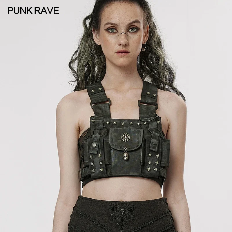 PUNK RAVE Women\'s The Post-apocalyptic Style Strap Bag Hard Nylon Fabric Steampunk Personality Black Small Waist  Accessory