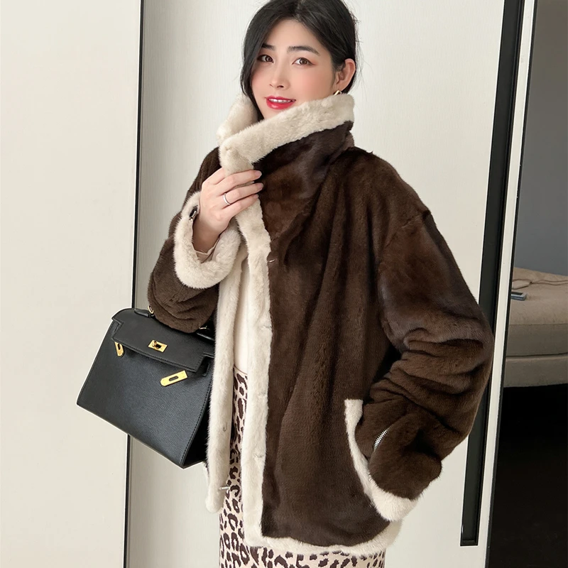 

2022 New Real Mink Whole Fur Women Coat Jacket With Big Lapel Mid-length mink fur coat Winter Thick Warm Female Mink Fur Jacket