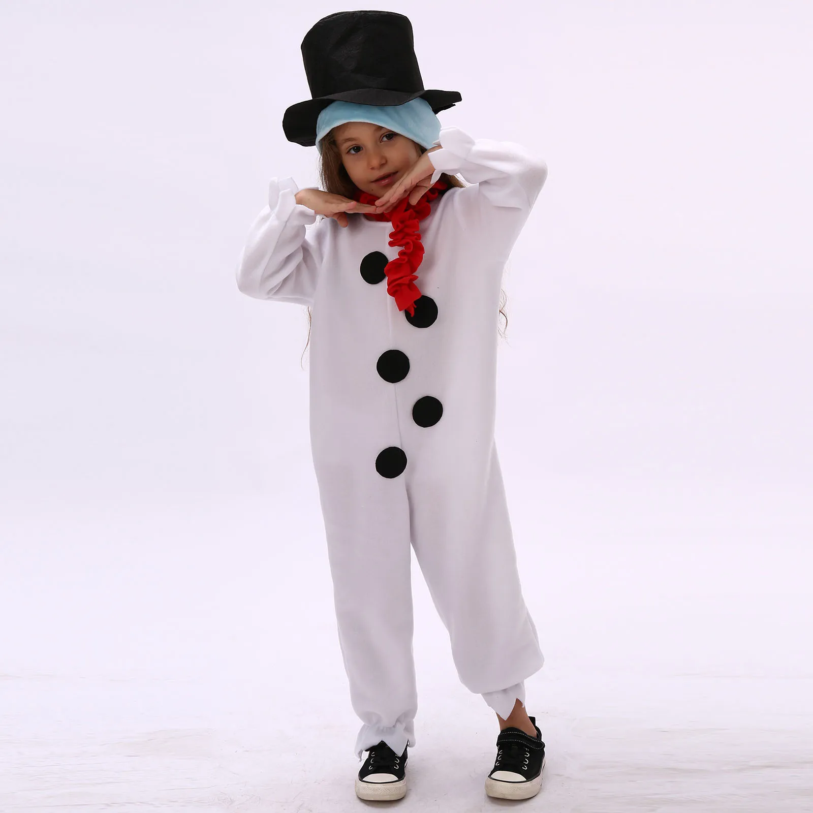 زي عيد الميلاد للأطفال الأولاد ذو قيمة ممتازة، بدلة قفز مرقعة بأكمام طويلة ورقبة دائرية ووشاح زي رجل الثلج التنكري