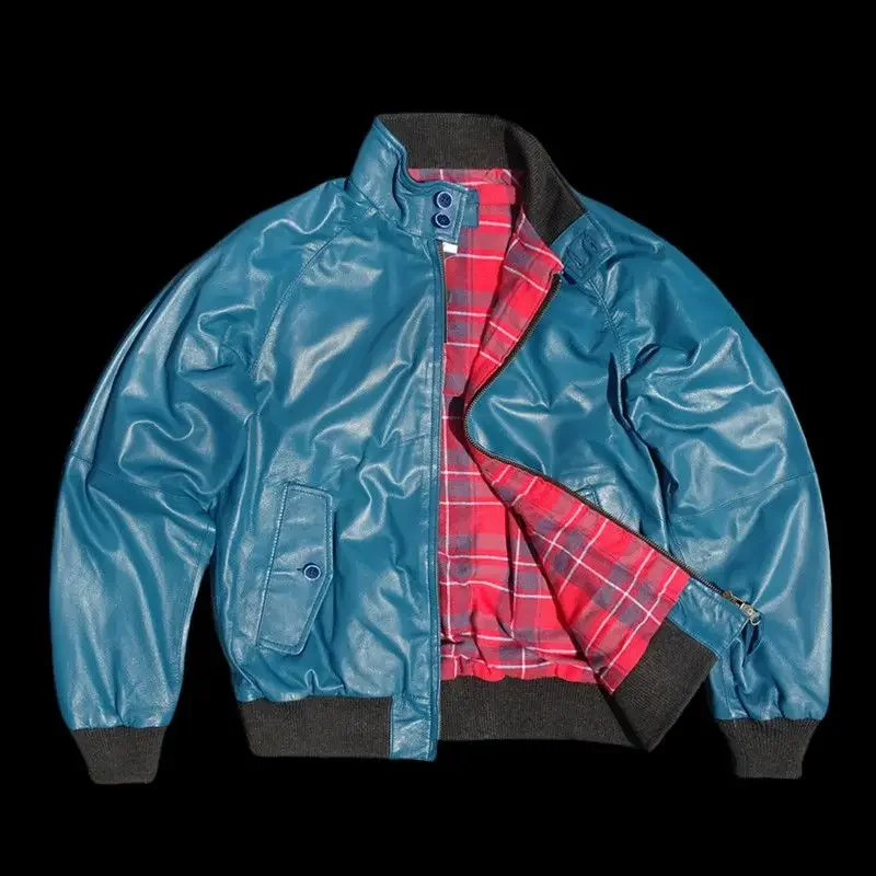 Men's G9 Harrington shoulder sleeve high-end casual Peacock blue! The first layer of sheepskin leather jacket