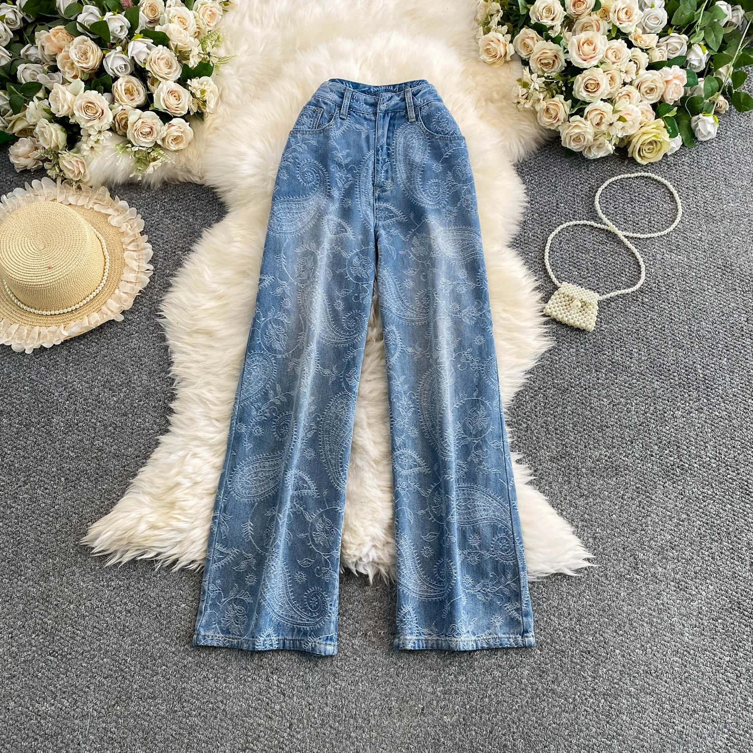 Vintage Embroidery Women's Jeans Autumn American Style High Waist Slim-looking Pants Commuting Style Stretch Wide Leg Trousers