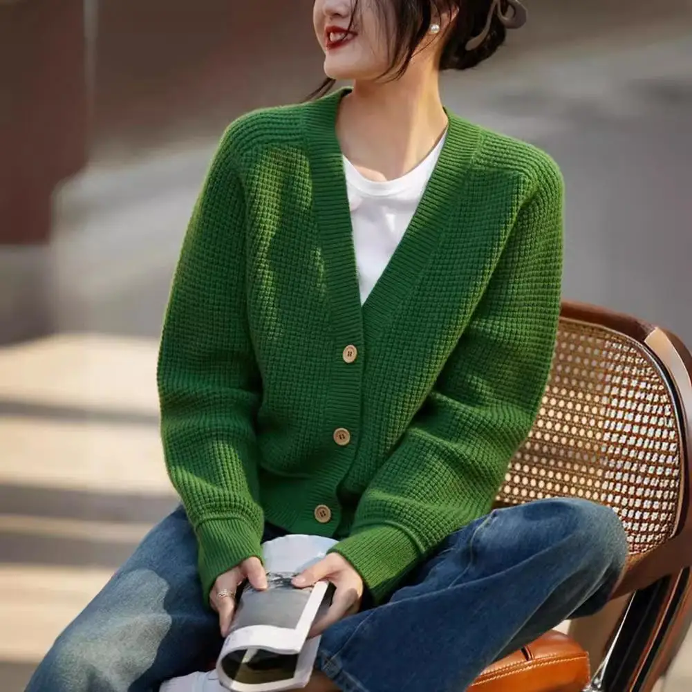 Women Sweater Coat Loose Fit Sweater V-neck Ribbed Trim Sweater Coat for Women Long Sleeve Knitting Outwear Solid for Travel