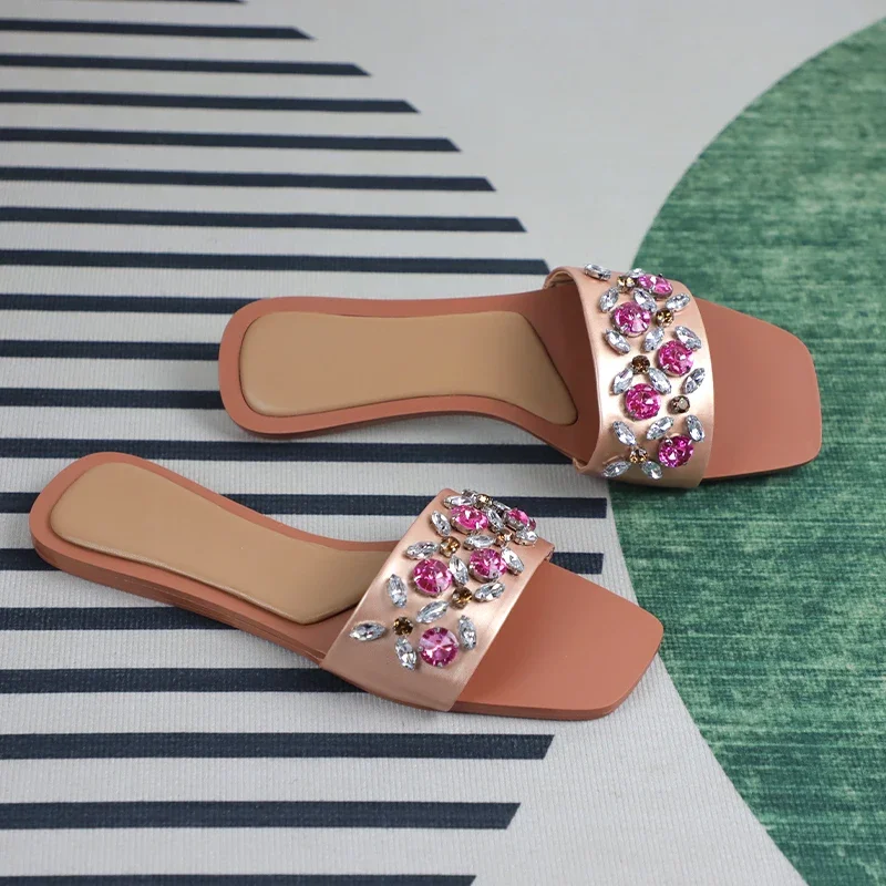 Z Brand Design Summer New Women Sandals Fashion Flat Heels Beach Slides for Female Flower Colorful Diamond Outside Shoes