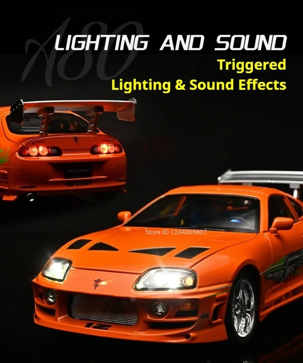 1:24 Scale Supra A80 911 GT3RS Supercar Model Toy Alloy Diecast Shock Absorption Doors Opened Sound Light Collection Sports Cars