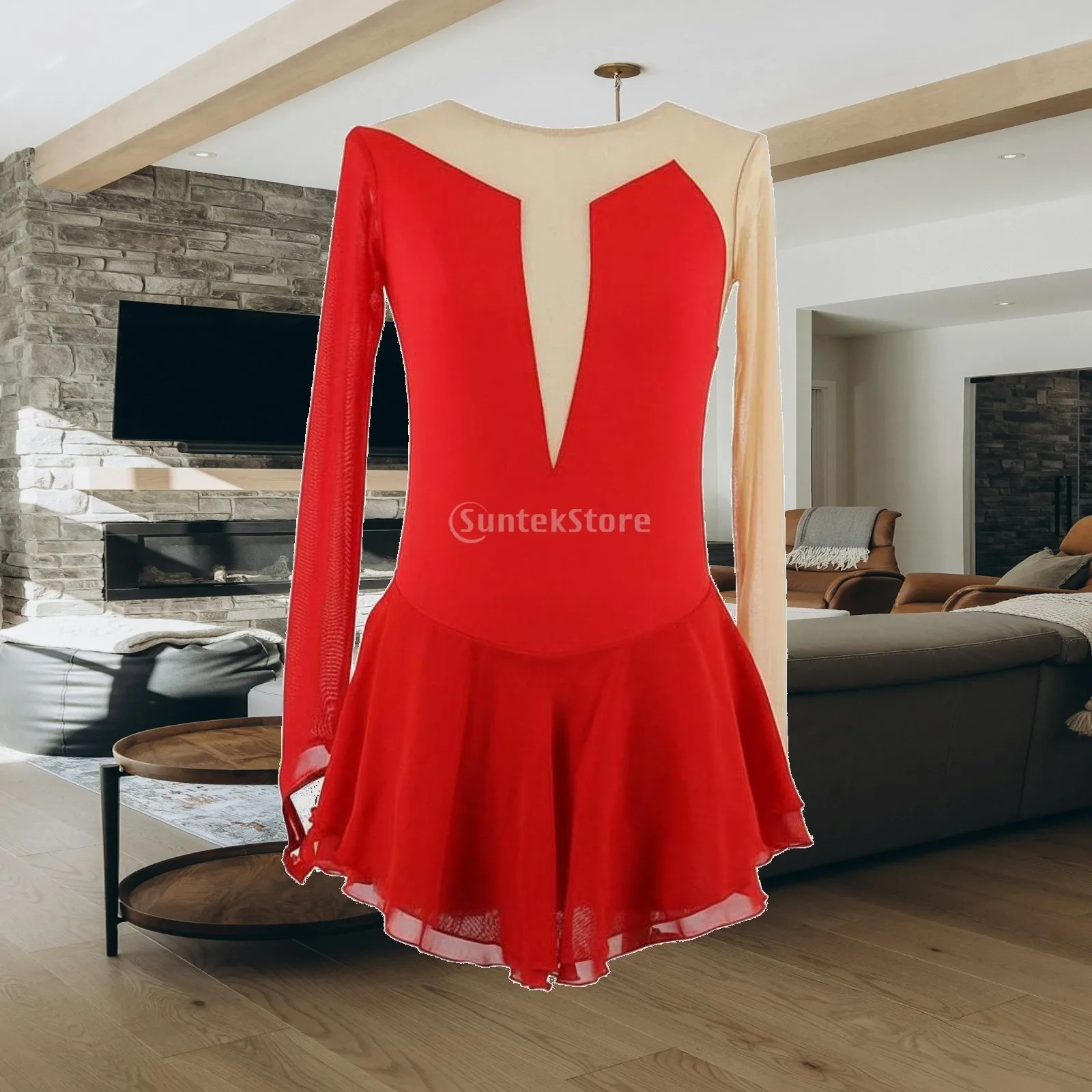 Graceful Girls Skating Dress Long Sleeve Mesh Insert Figure Ice Skating Outfit for Competition Training