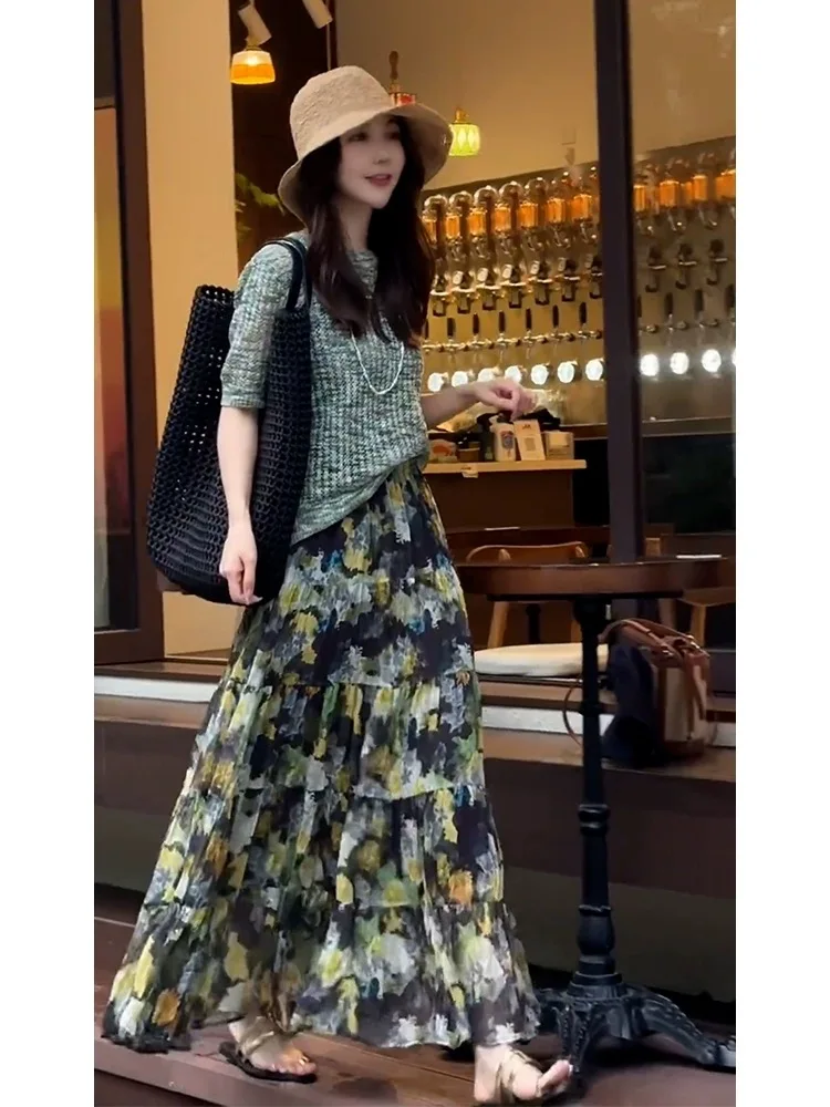 New Stylish Youthful Beautiful Fashionable Street-Friendly Petite Green Floral Midi Skirt Women Summer