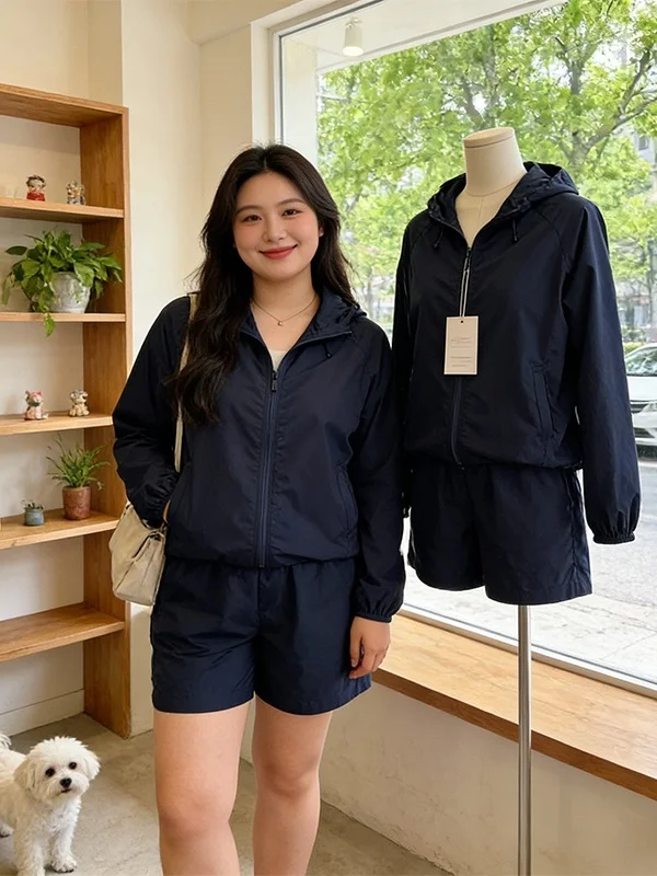 

plus Size Outdoor Casual Sportswear Set Women's Spring Hat Long Sleeve Sun Protection Top Five-Quarter Short Pants Two-Piece Set