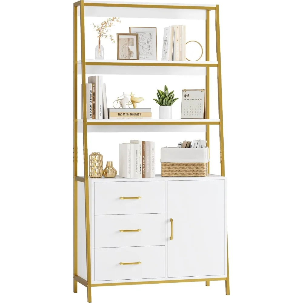 69 Tall Bookshelf, White Gold 4-Tier Bookcase with Wooden Drawers and Ladder Shelves, Free Standing Storage Cabinet Kitchen