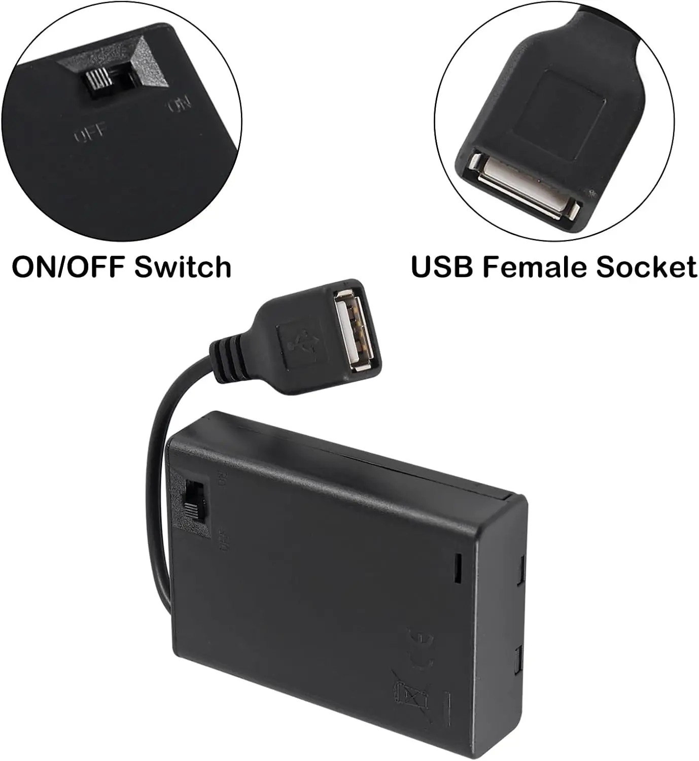 Hprosper Battery Case 3 AA Battery Box Holder with ON-Off Switch and USB Female Socket Black