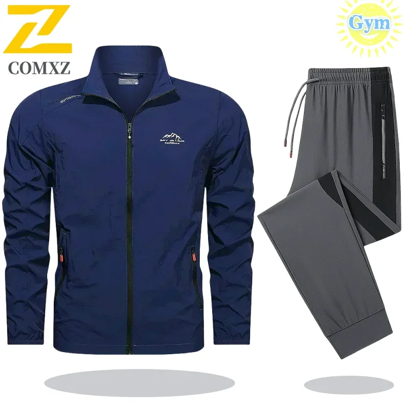 Mens Tracksuit Spring Summer Sportswear 2 Piece Sets Sports Suit Sunscreen Jacket+Pant Running Set Men Fishing Jogger Sweats Set
