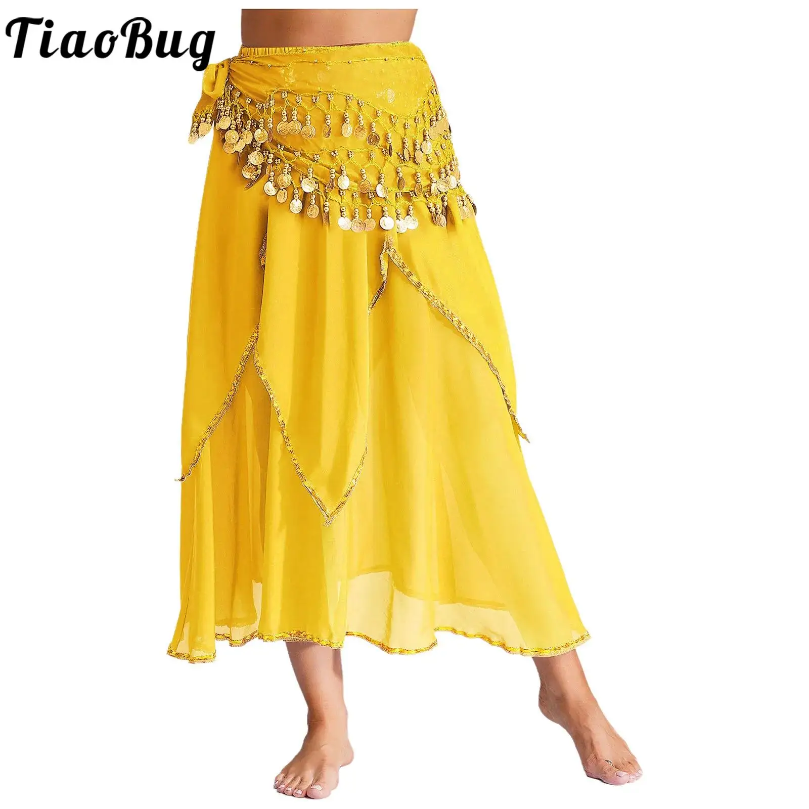 여성용 밸리 댄스 스커트, 골드 트림, 티어드 메쉬 오버레이 시폰 스커트, 스팽글 태슬, 레이스 업 힙 스카프, 퍼포먼스 의상