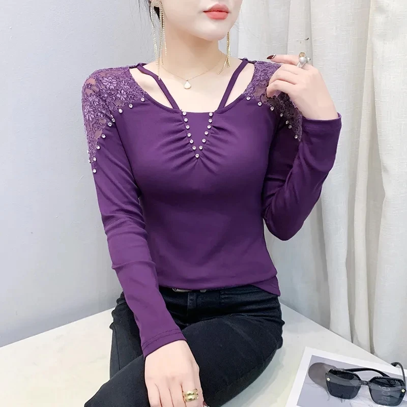 Women's Breathable Cotton T-shirt With Delicate Lace Patchwork Detail Girl Sweets Beading Top Spring Tshirt