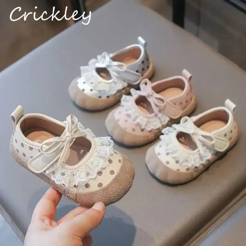 Dot Ruffles Lace Baby Girls Casual Shoes Bow PU Leather Hook Loop Toddler Kids Flats Shoes Non Slip Children First Walk Shoes