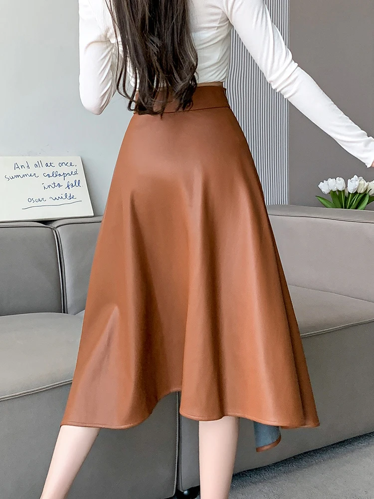 Faux Leather PU Skirts Women Korean Fashion High Waist Zipper Irregular Skirts Loose Casual Elegant Midi Skirt Female 2025 New