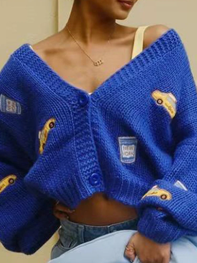 

Sexy V-neck Long Sleeve Knitted Sweater Fashion Solid Color Printed Commute Jumpers Autumn Winter New Simple Women's Cardigans