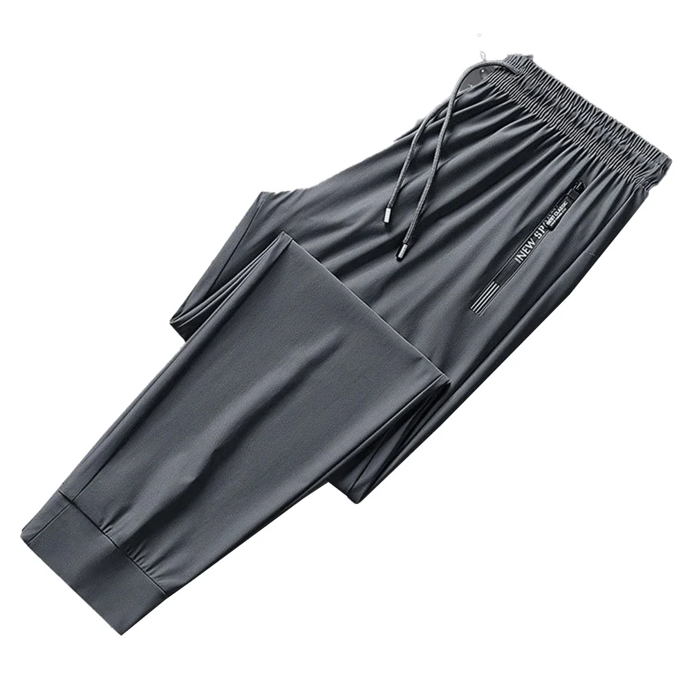 Men Solid Zipper Casual Pants Thin Quick Dry Sport Elastic Loose Jogger Trousers