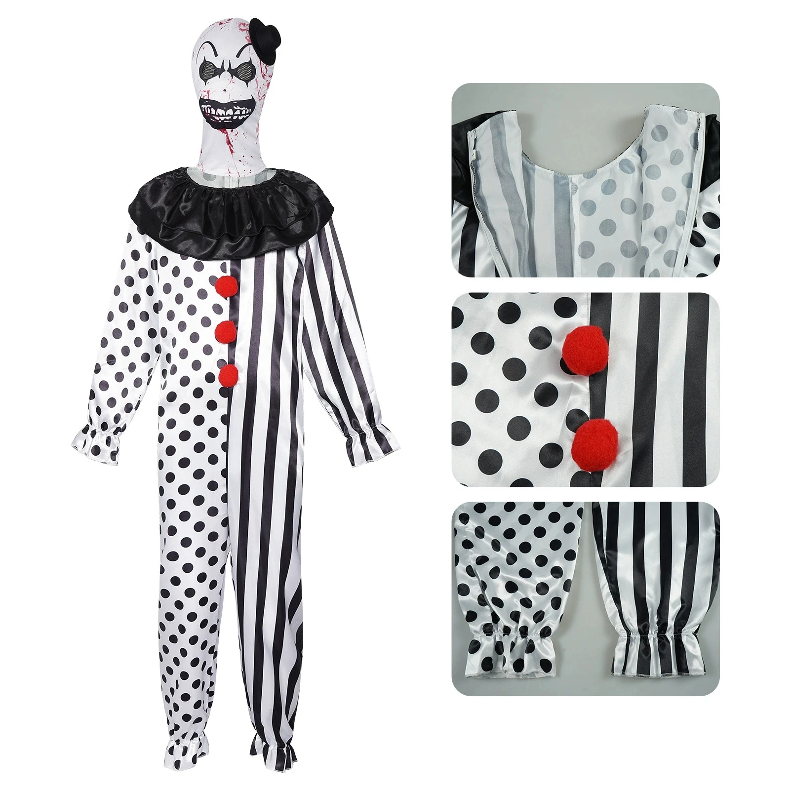 Movie Terrifier Cosplay Clown Costume Joker Jumpsuit Headgear Hat Horror Outfit Uniform Halloween Carnival Disguise Suit view 5