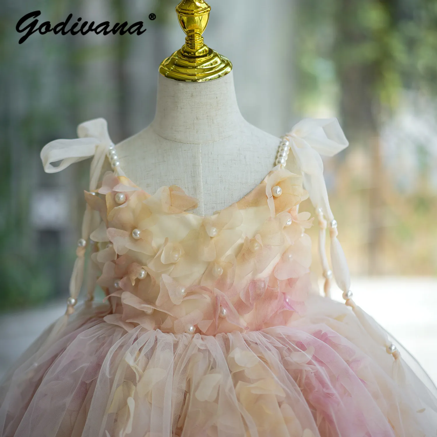 Sweet Girls Birthday Party Wedding Flower Girl Dresses Kids High End Heavy Pearls Tulle Floral Sleeveless Princess Ball Gown