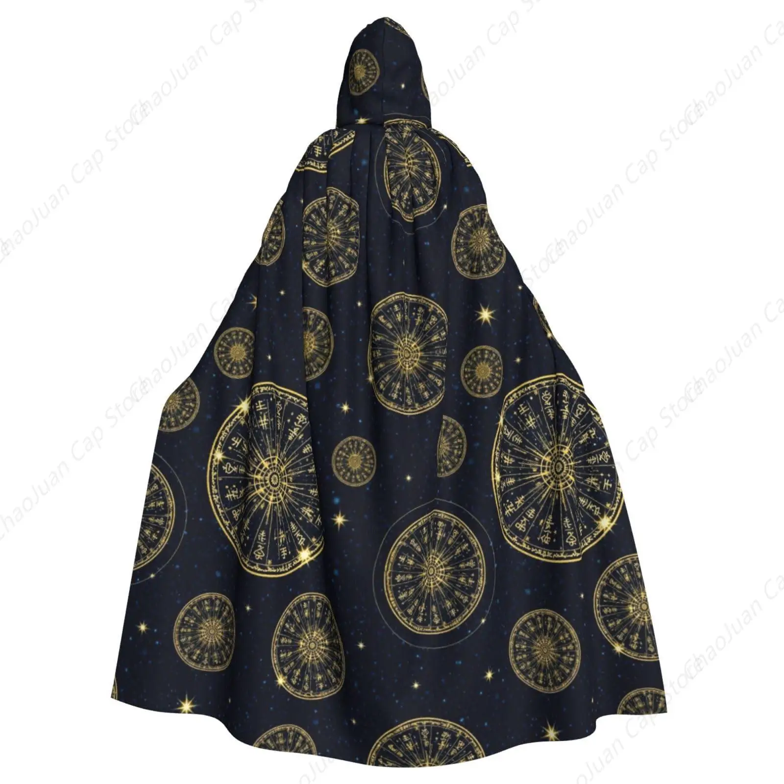 Women Men Halloween Christmas Costumes Hooded Cape Compatible with Norse Gold Viking Vegvisir Runic Compass, Cosplay Party Cloak