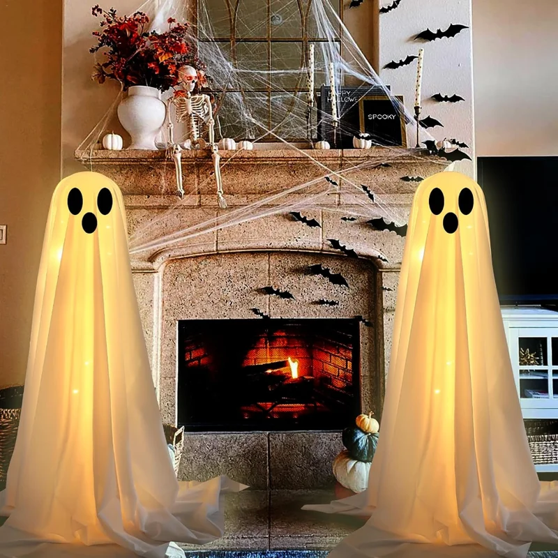 Halloween Light-up Standing Ghost SpookyGhost Decor with Remote Control String Lights,Halloween Ghost Lights for Porches Yards