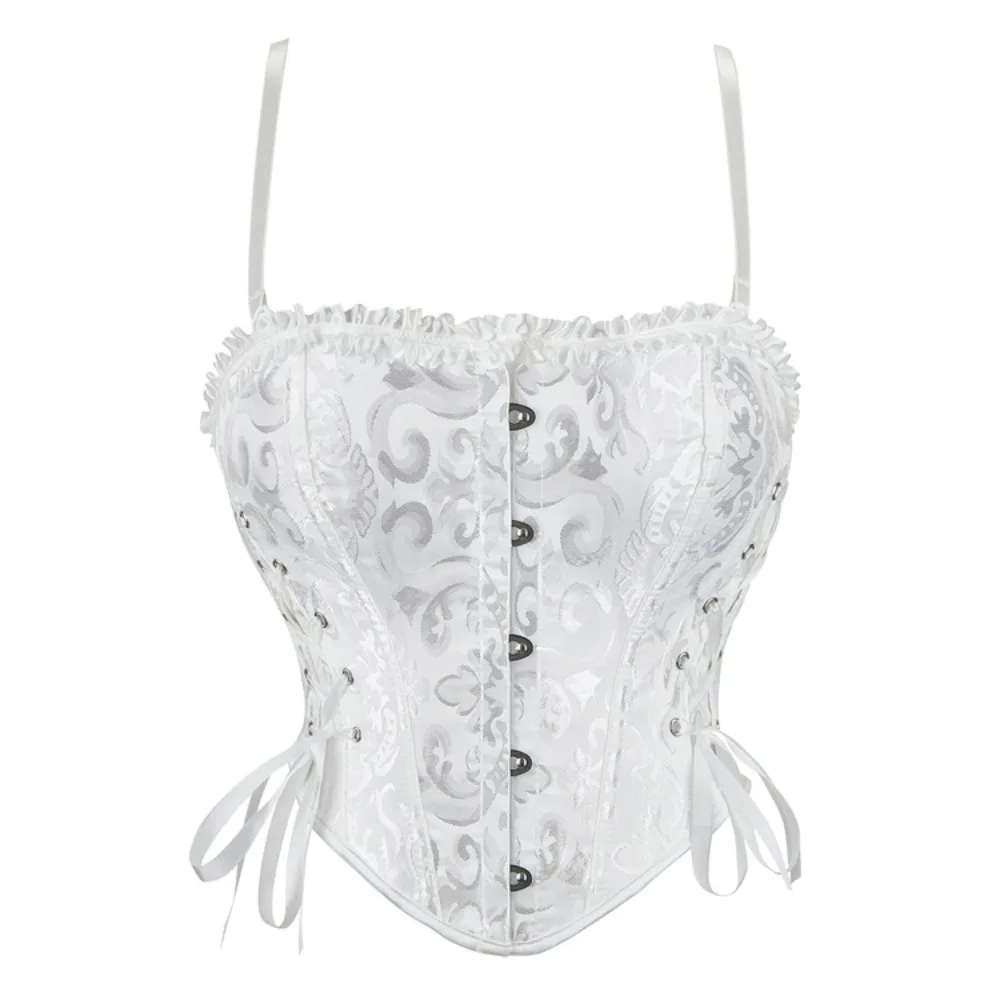 

Женский сексуальный корсет-бюстье с кружевной шнуровкой, жаккардовым узором, облегающий топ-камизоль, черный, винтажный, для вечеринок, с бретелями