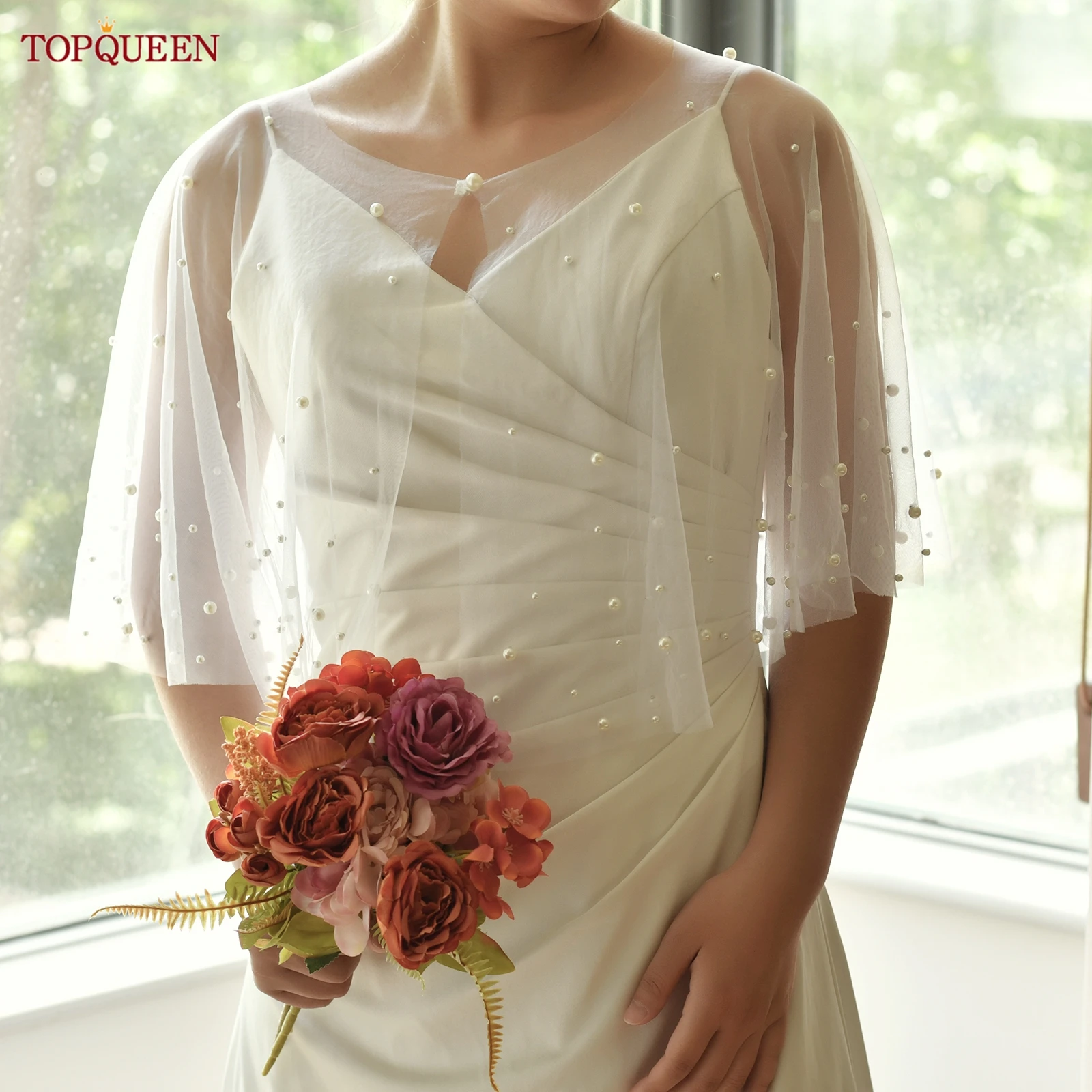 

TOPQUEEN Vg120 свадебная шаль с жемчугом, женские короткие топы, подходящие для аксессуаров для платья, свадебные аксессуары, настраиваемые