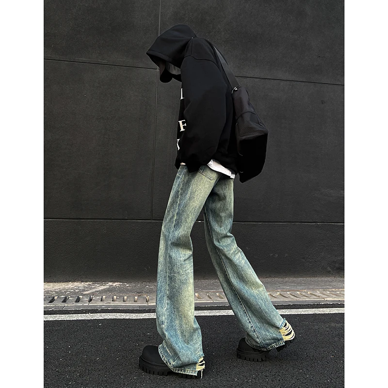 

Мужские джинсы Retro Wa Blue: модные, трендовые, прямые, с легким клешем, средней посадкой, на молнии